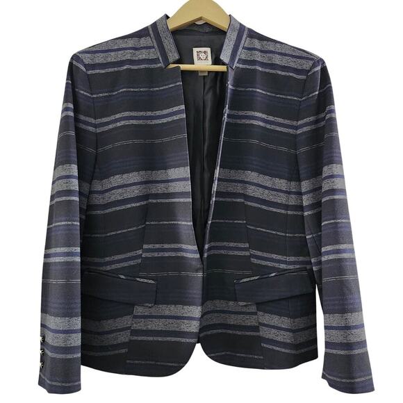 Anne Klein Blue Gray Black Striped Three-Quarter Sleeve Jacket Size Medium - Picture 1 of 7